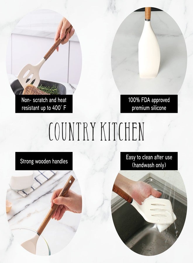 Country Kitchen طقم أدوات مطبخ من السيليكون غير اللاصق من كانتري كيتشن بمقابض خشبية مستديرة للطبخ والخبز، طقم من 8 قطع، لون كاكي - Image 5